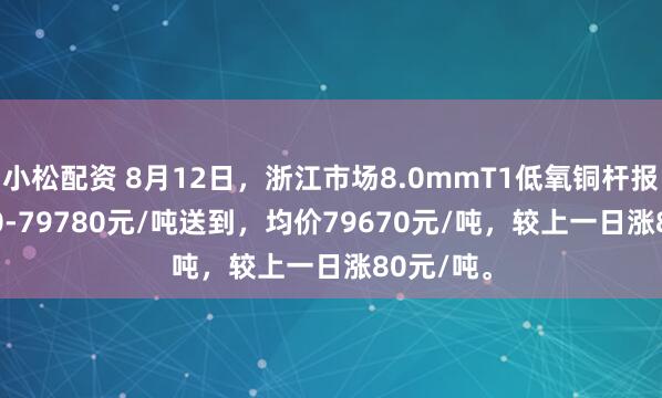 小松配资 8月12日，浙江市场8.0mmT1低氧铜杆报价79560-79780元/吨送到，均价79670元/吨，较上一日涨80元/吨。